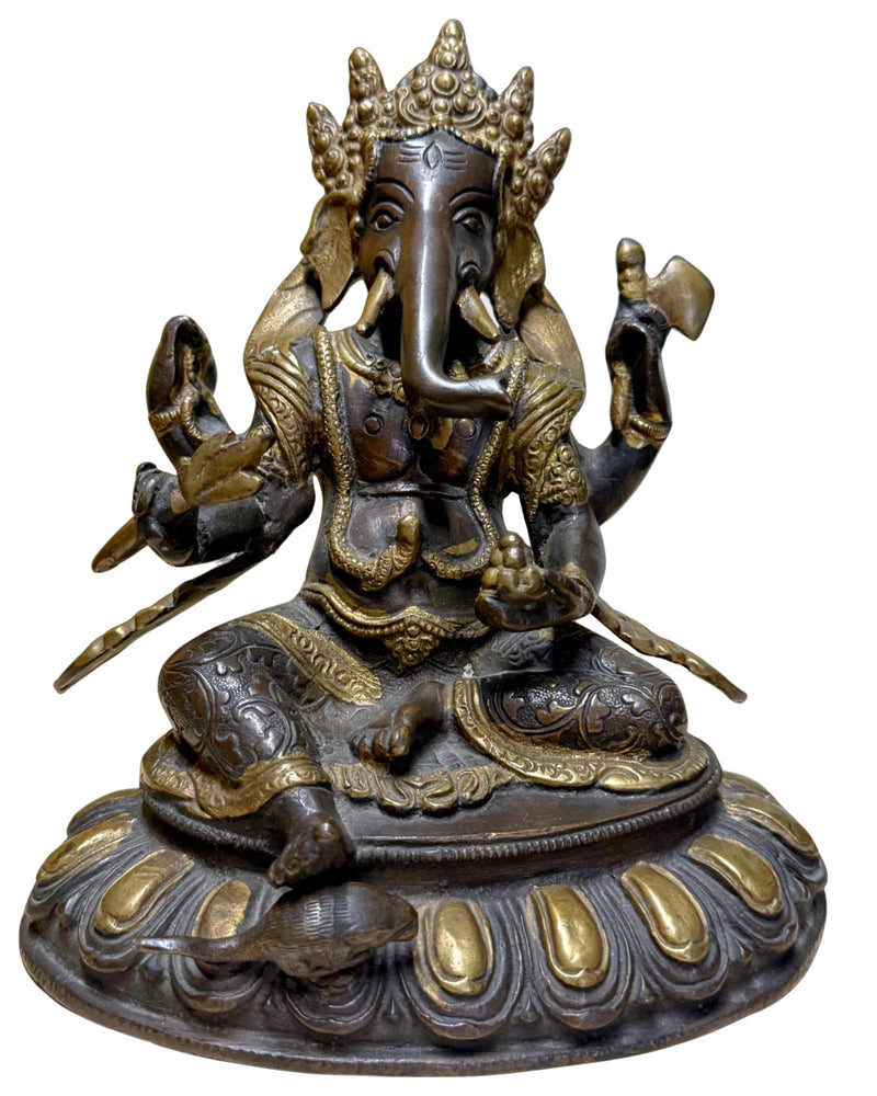 Bronze Ganesha Statue mit Lotusbasis – Nepalesischer Stil – Schwere Bronze mit Goldakzenten – 20,6 cm - Nepalesische Buddha-Figur