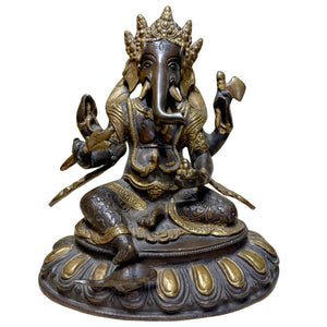 Bronze Ganesha Statue mit Lotusbasis – Nepalesischer Stil – Schwere Bronze mit Goldakzenten – 20,6 cm