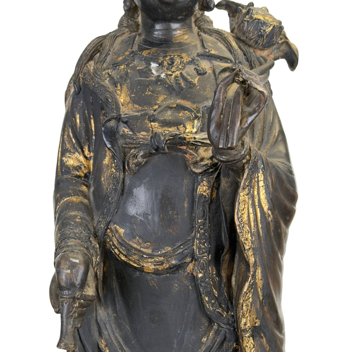 Bronzene Guanyin‑Statue auf Drachengriff mit alter dunkler Patina und kraftvoller ostasiatischer Ausstrahlung