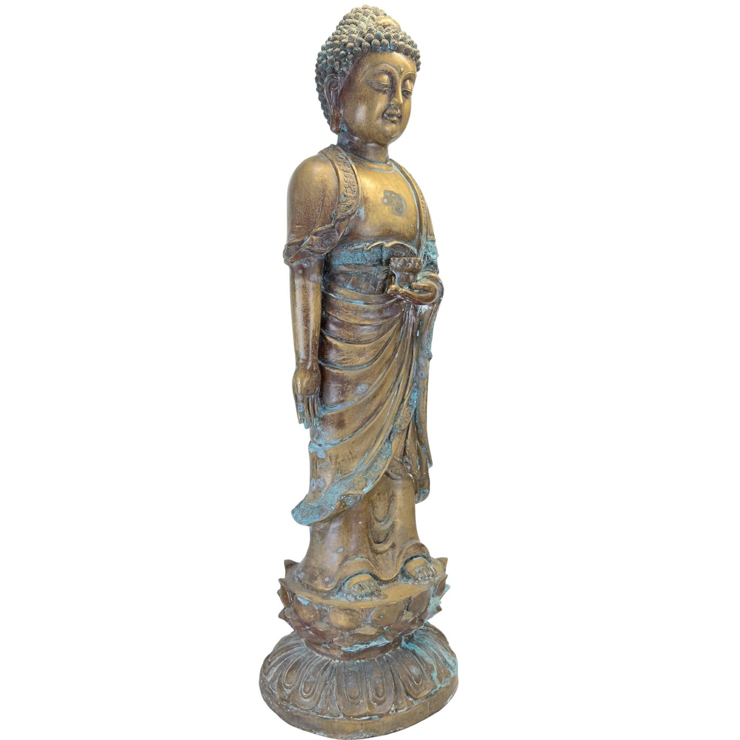 Linke Seite eines stehenden Medizinbuddhas aus Bronze mit natürlicher Kupferpatina.