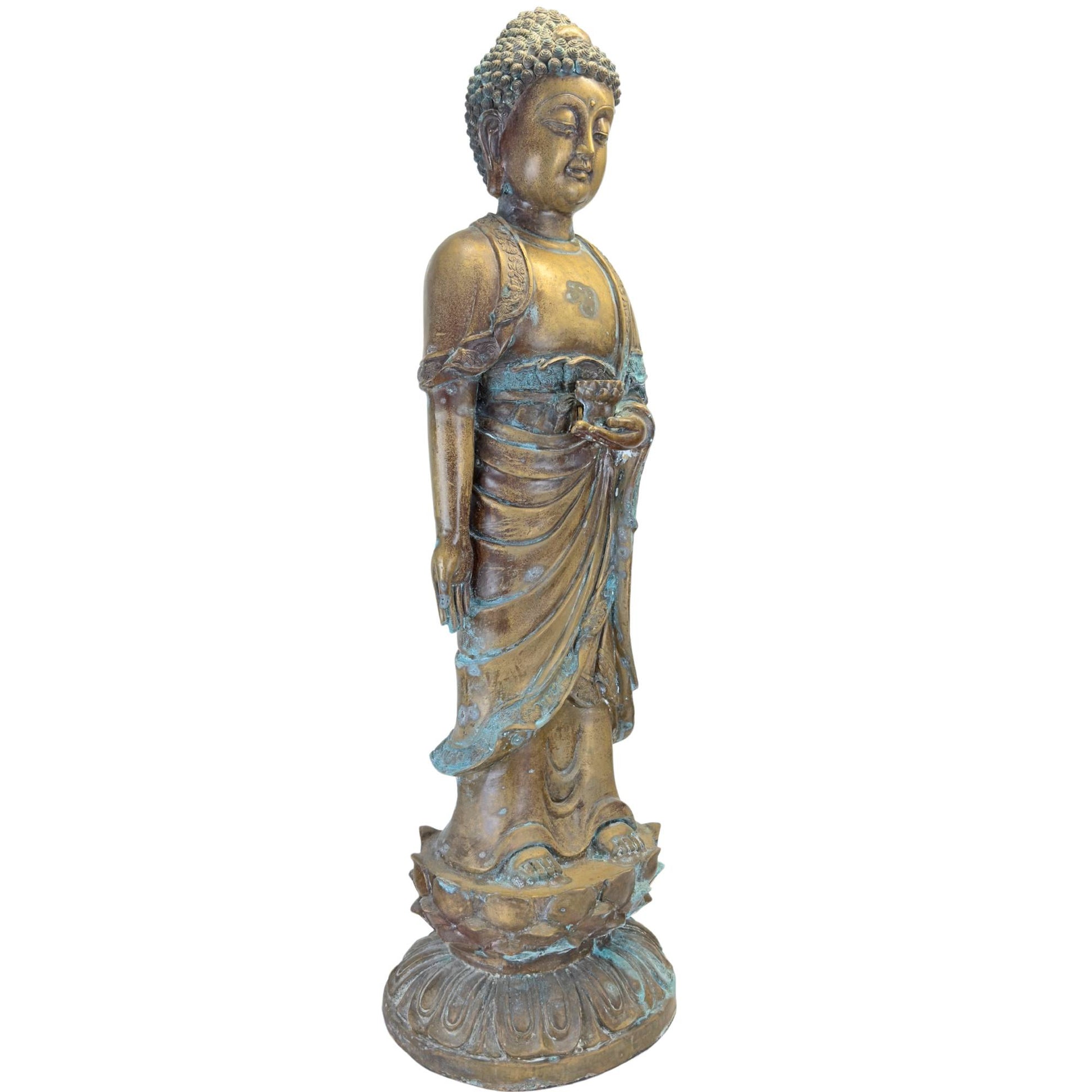Linke Seite eines stehenden Medizinbuddhas aus Bronze mit natürlicher Kupferpatina.