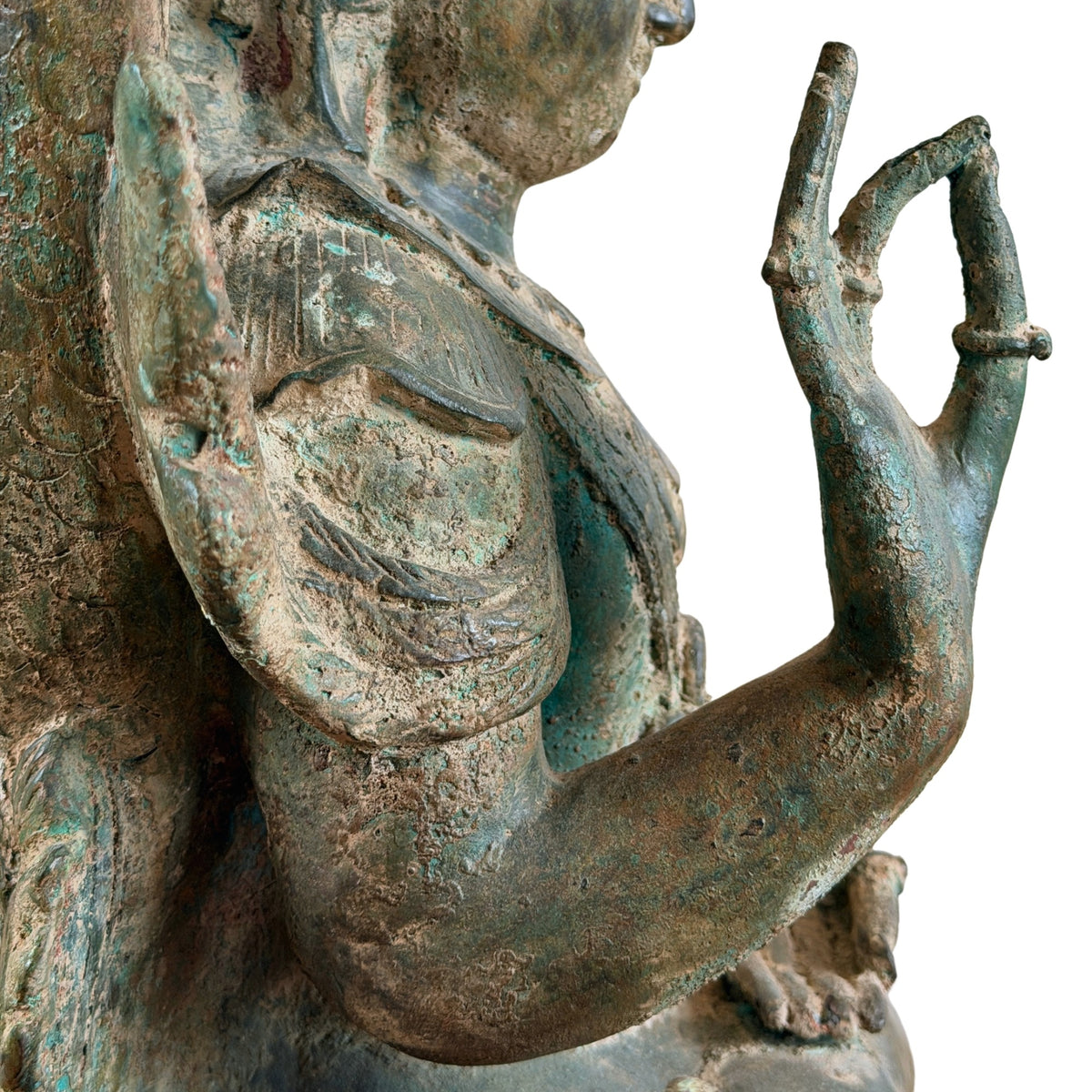 Profildetail der erhobenen Hand, des Arms und der Schulter des Bronze-Buddhas