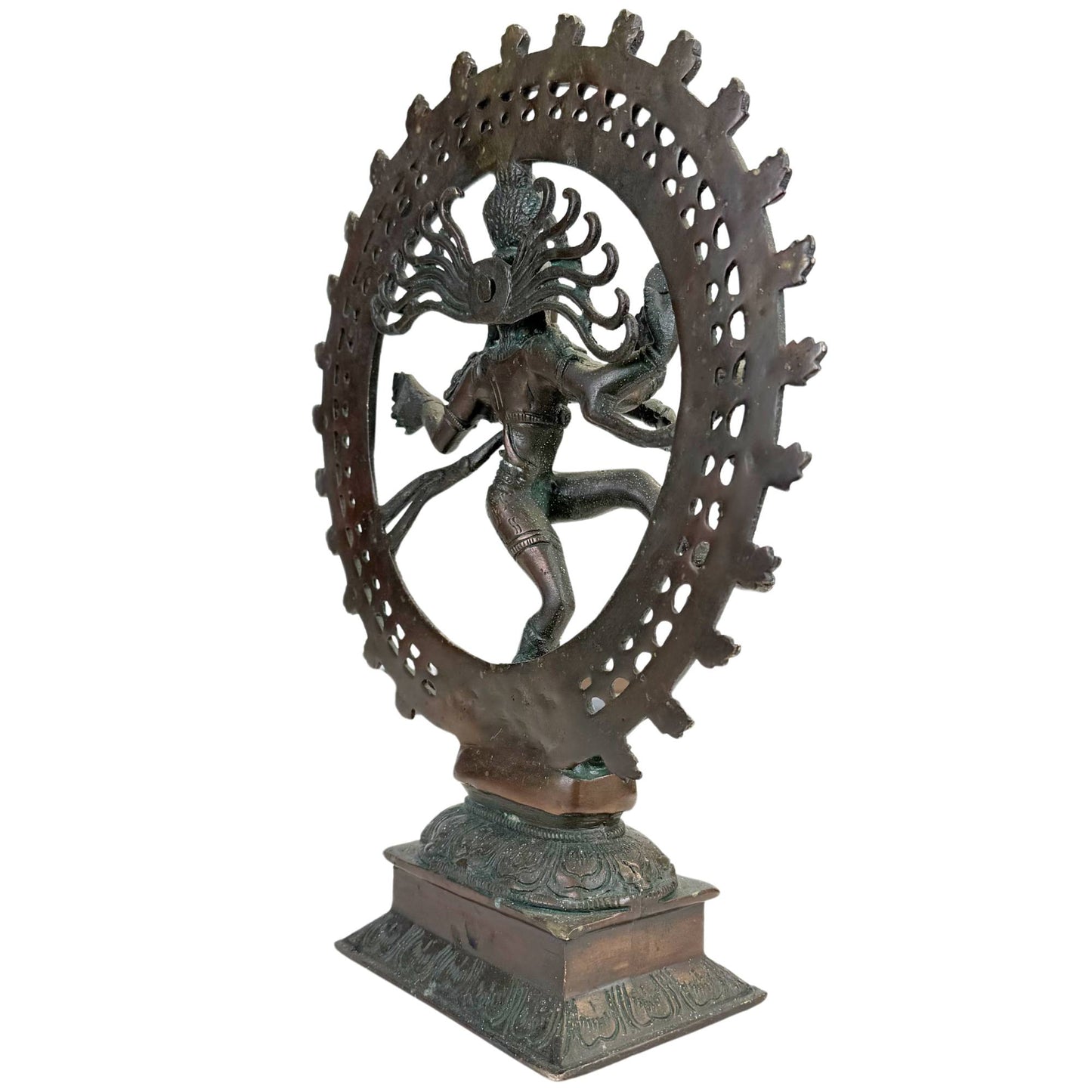 Bronzene Nataraja-Tempelskulptur mit Lotusfuß, dynamischer Tanzpose und reich verziertem Sockel
