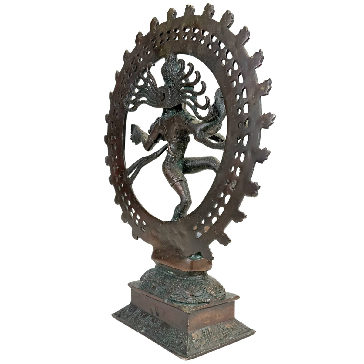 Bronze Nataraja temple sculpture with lotus foot, dynamic dancing pose and richly detailed base