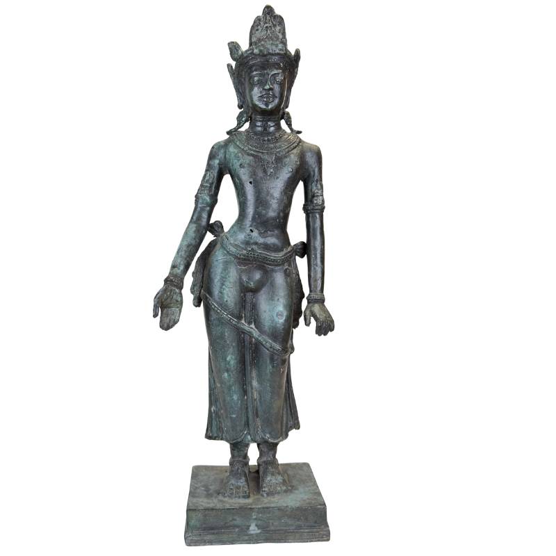 Bronzene Tempelstatue im Khmer-Stil aus Südostasien mit Patina