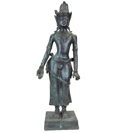 Bronzene Tempelstatue im Khmer-Stil aus Südostasien mit Patina