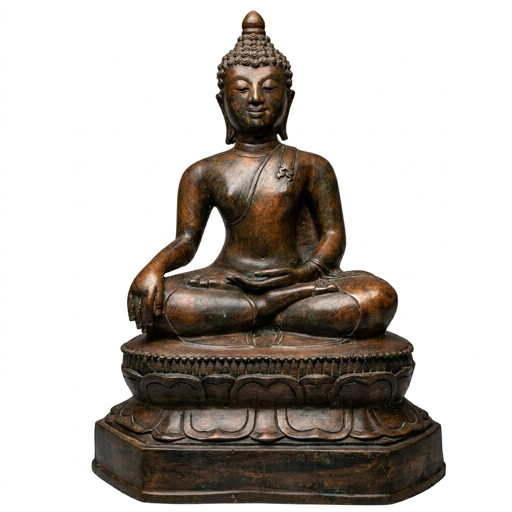 Vorderansicht einer großen thailändischen Buddha-Statue aus Bronze in Bhumisparsha-Mudra-Geste.