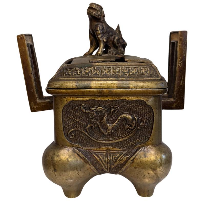 Räuchergefäß aus Bronze mit Drachen- und Foo-Hund-Motiv aus China, 19. Jahrhundert