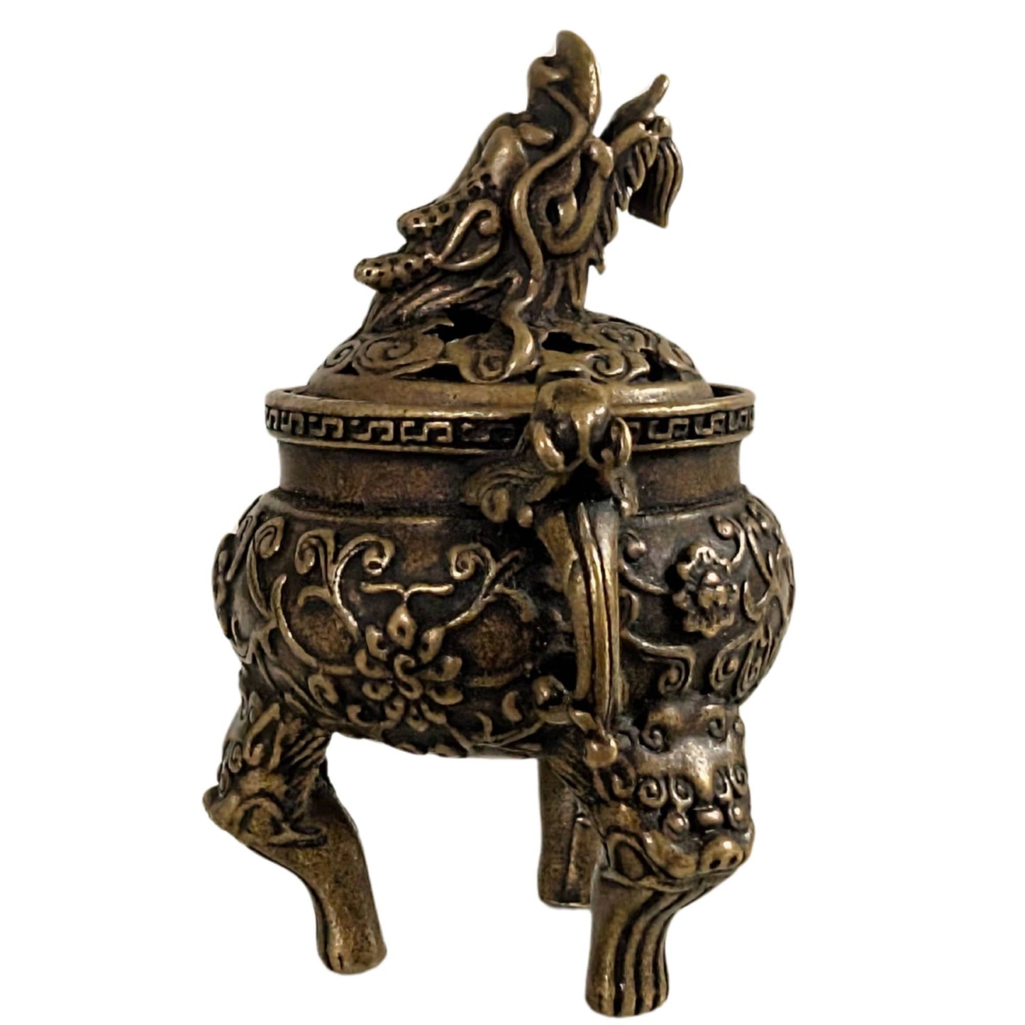 Handlicher Räuchergefäß aus Bronze mit floralem Relief und Drachenverzierung an der Oberseite.