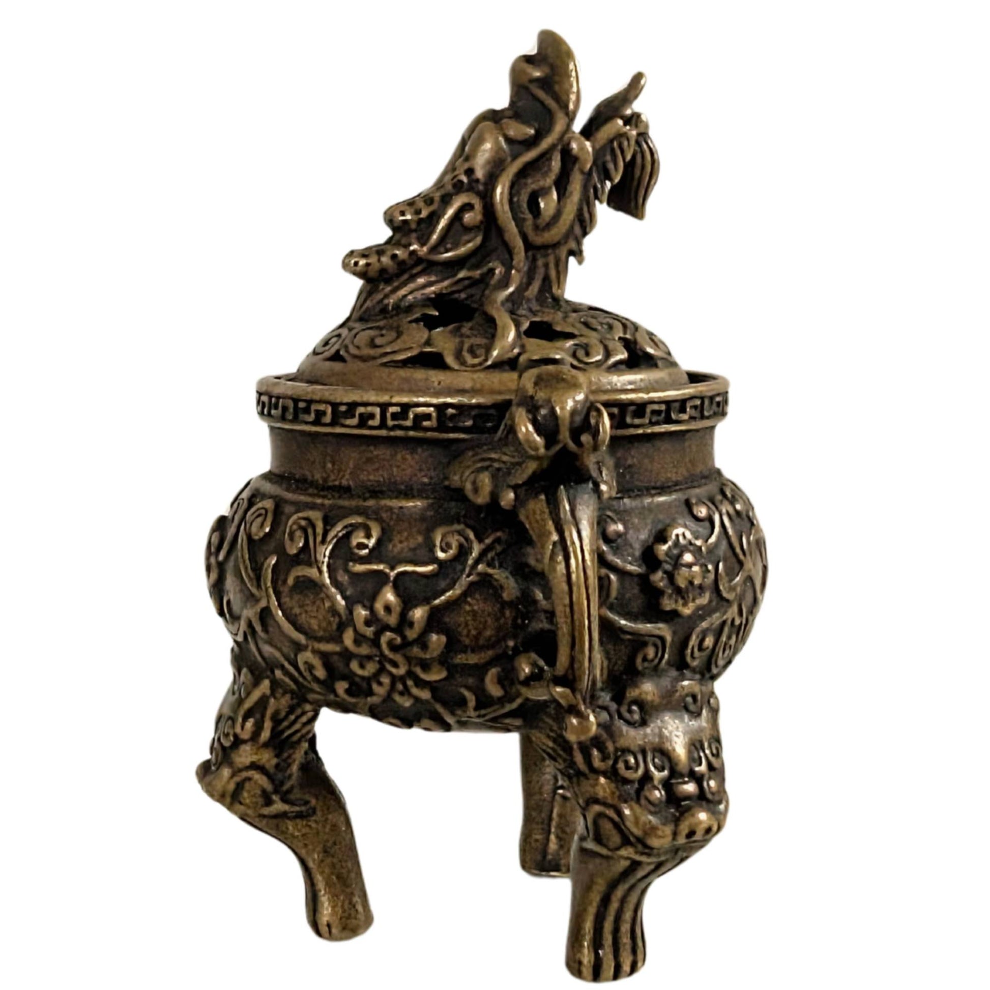 Handlicher Räuchergefäß aus Bronze mit floralem Relief und Drachenverzierung an der Oberseite.
