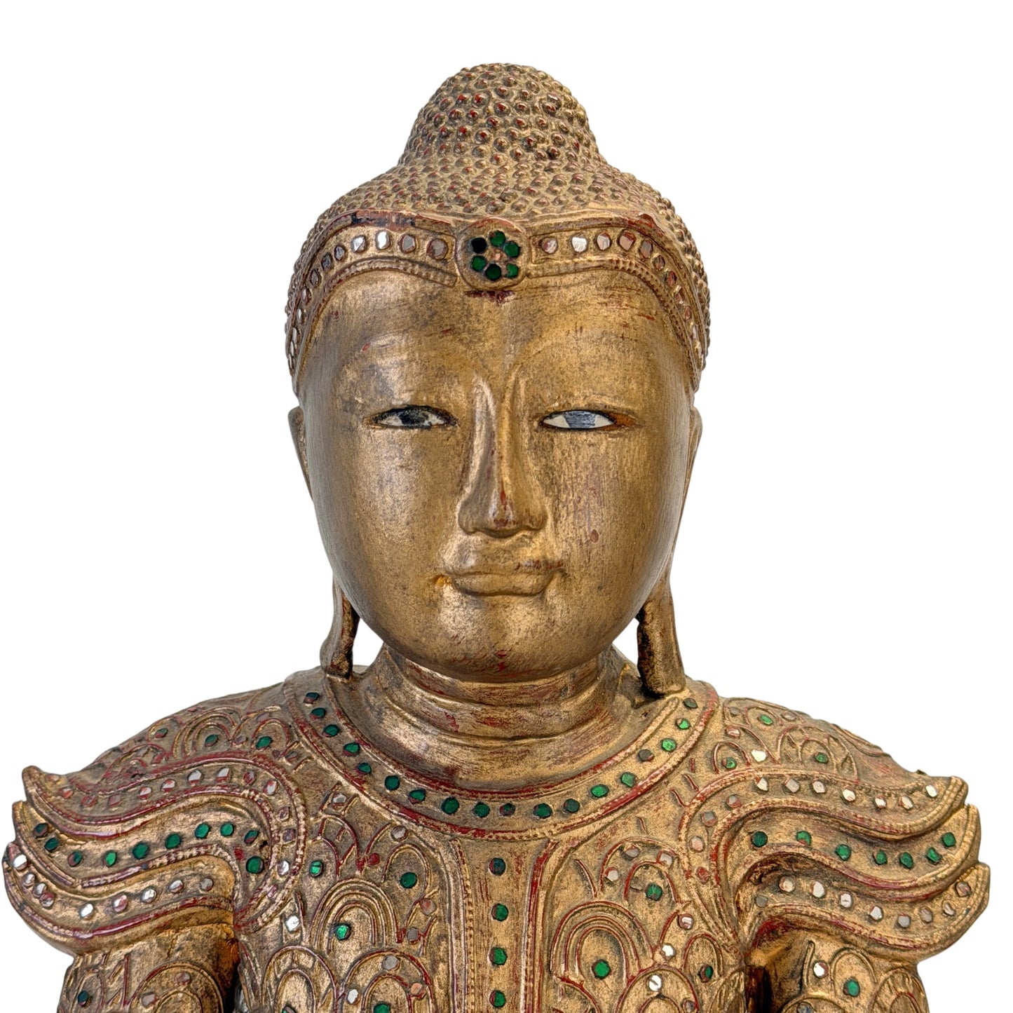 Detail der eingelegten Augen und des Gesichts des burmesischen Jambupati-Buddhas, SKU 738