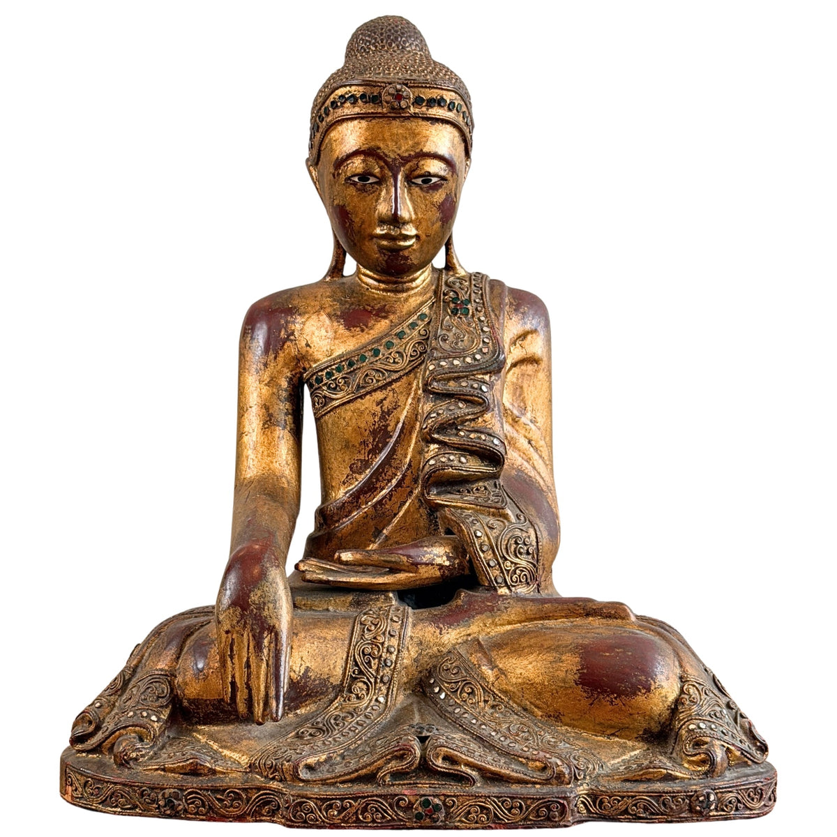 Burmesischer Shan-Buddha aus vergoldetem Holz mit Glaseinlagen, vollständige Vorderansicht