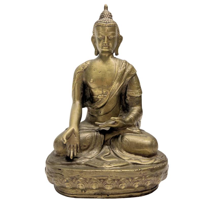 Chinesische Buddha-Statue aus Bronze aus der Qing-Dynastie mit Shou-Symbolen auf dem Gewand