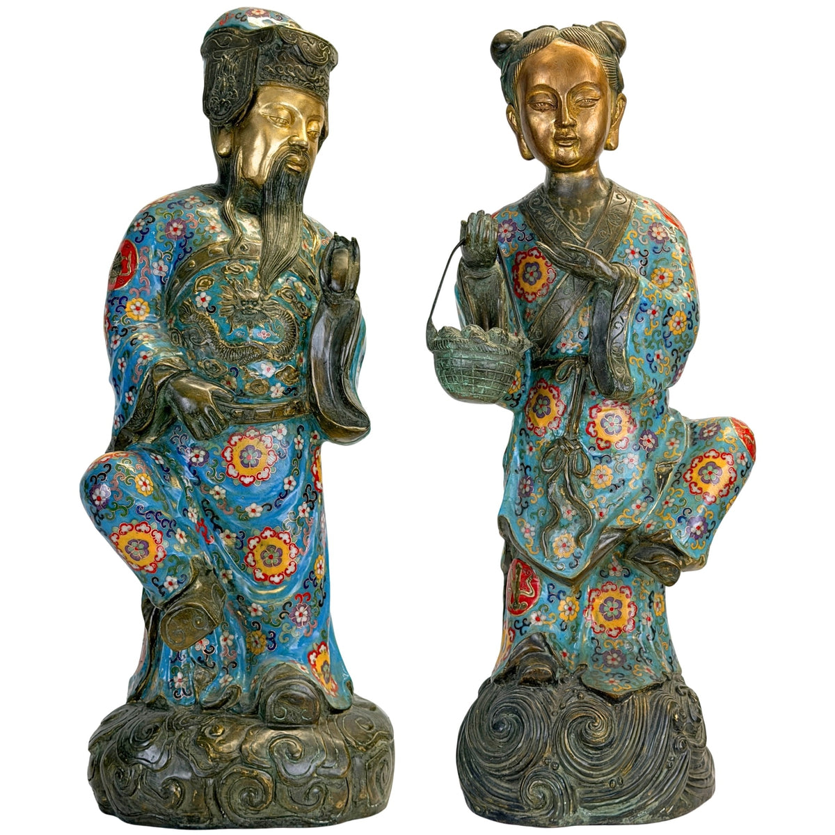 Monumentaal Chinees cloisonné paar Lü Dongbin en Lan Caihe, Qing-dynastie 19e eeuw