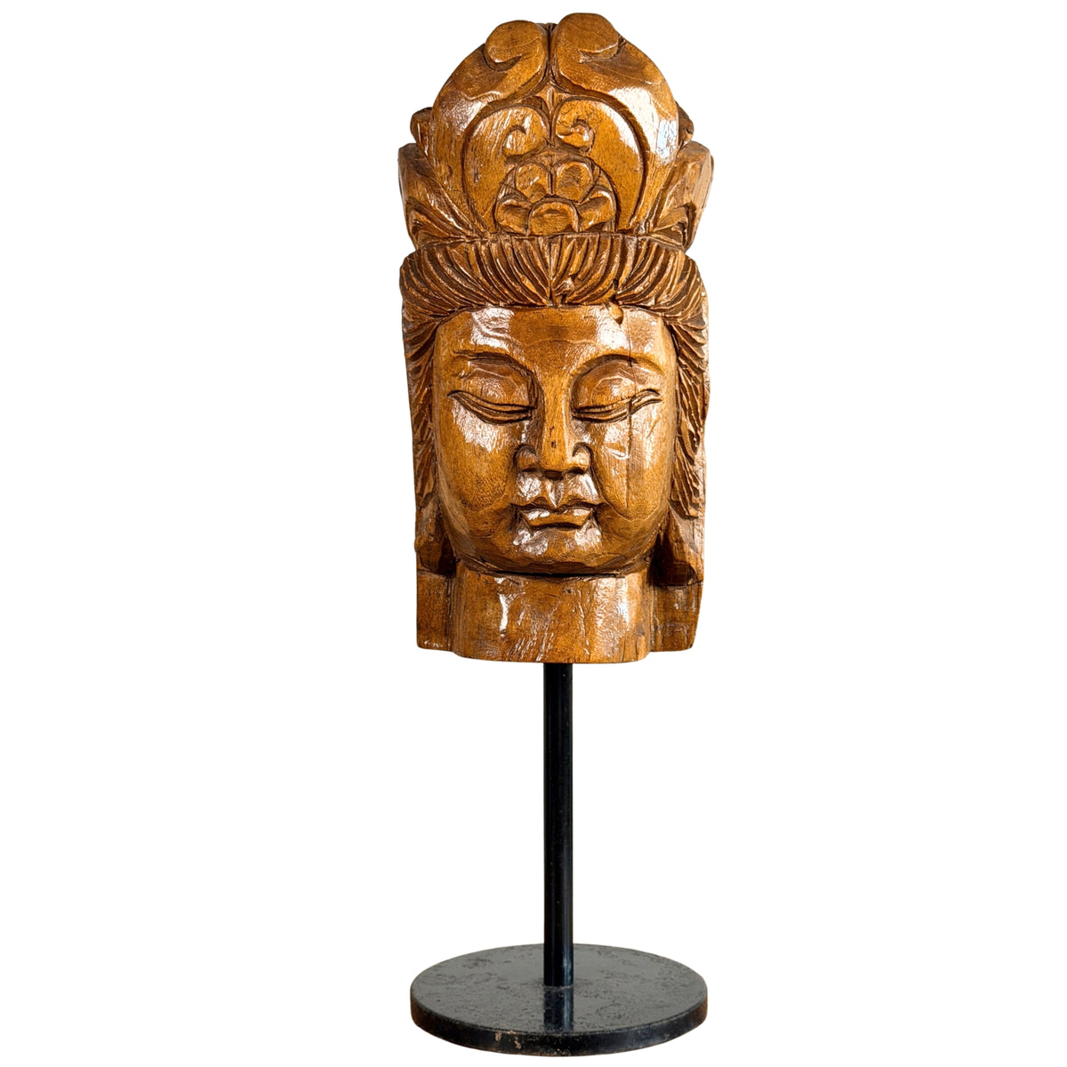 Vintage chinesischer Guanyin-Kopf aus Hartholz auf Ständer, Vorderansicht