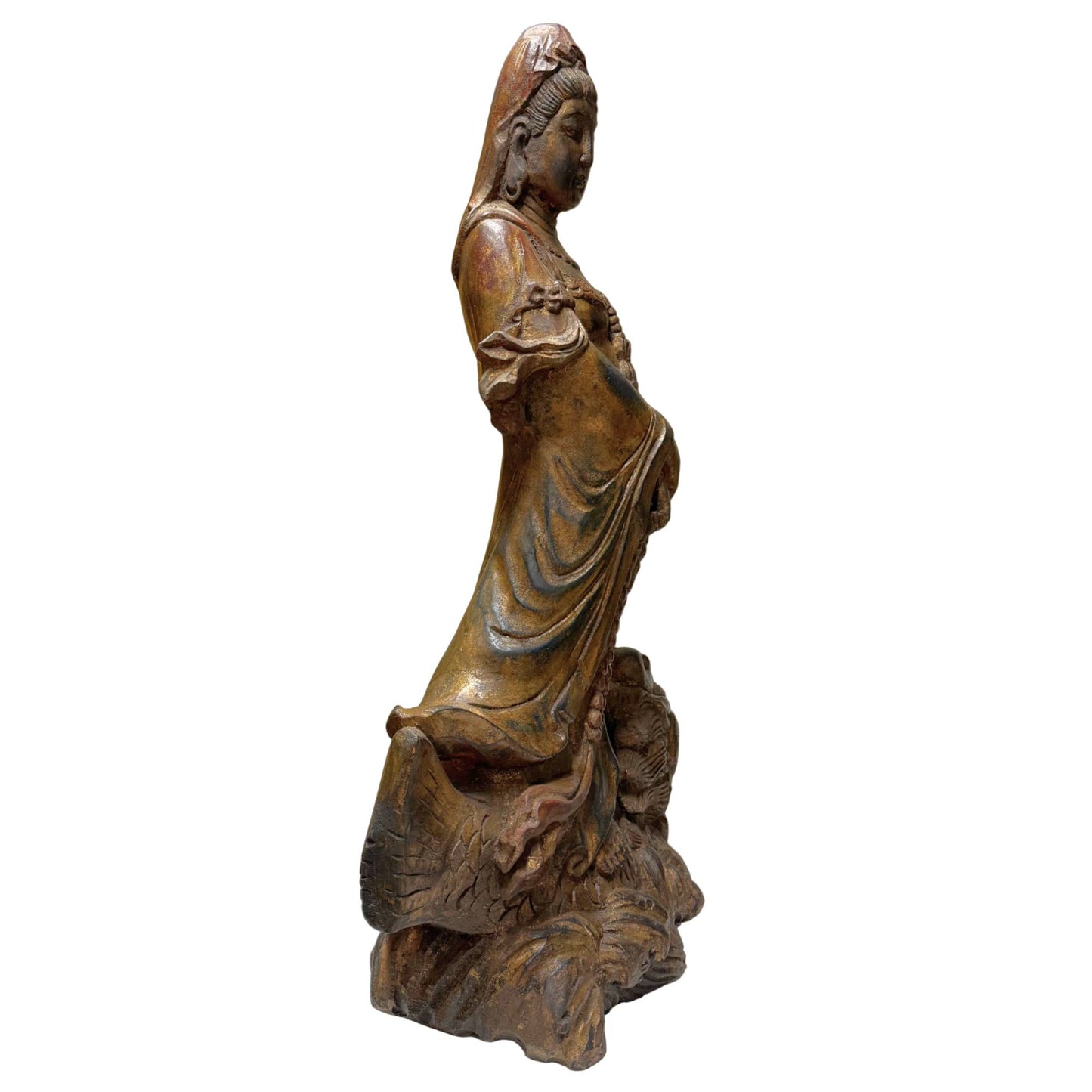 Chinesische hölzerne Tempelstatue Kwanyin Bodhisattva Drache antik