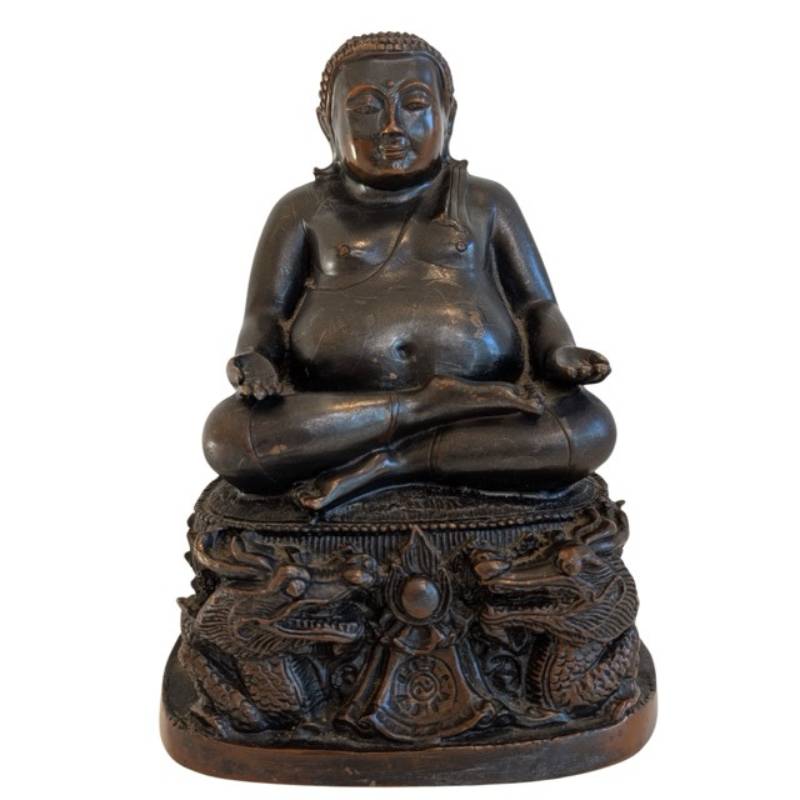 Chinesische Buddha-Statue aus Bronze aus dem 19. Jahrhundert, sitzend auf einem Drachensockel mit natürlicher Patina