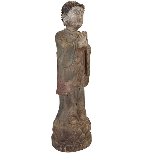 Chinesische Buddha-Statue aus Holz in Gebetshaltung mit alter Polychromie