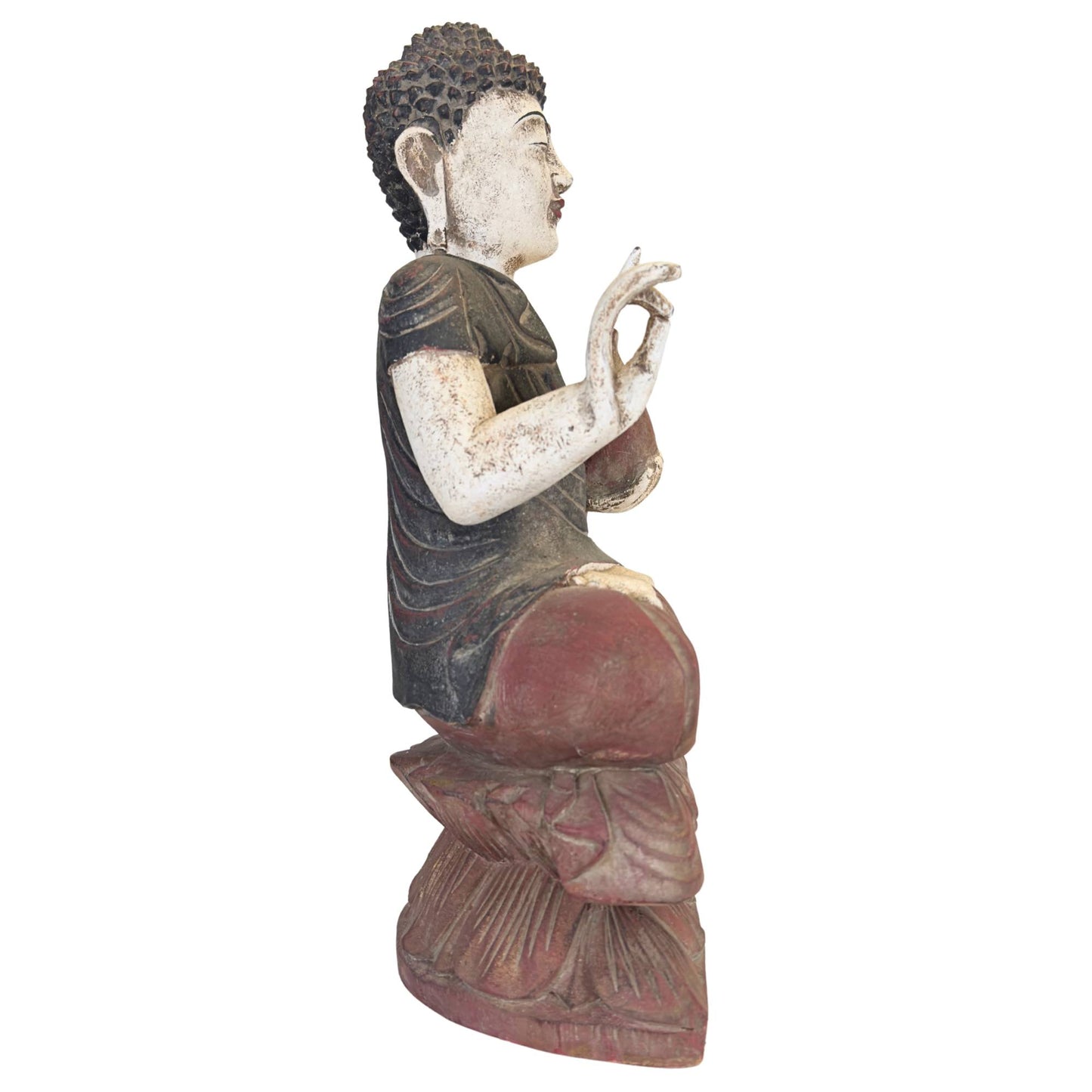 Handbemalter chinesischer Bhaisajyaguru-Medizinbuddha aus Holz mit gelassenem Gesichtsausdruck und roten und schwarzen Details