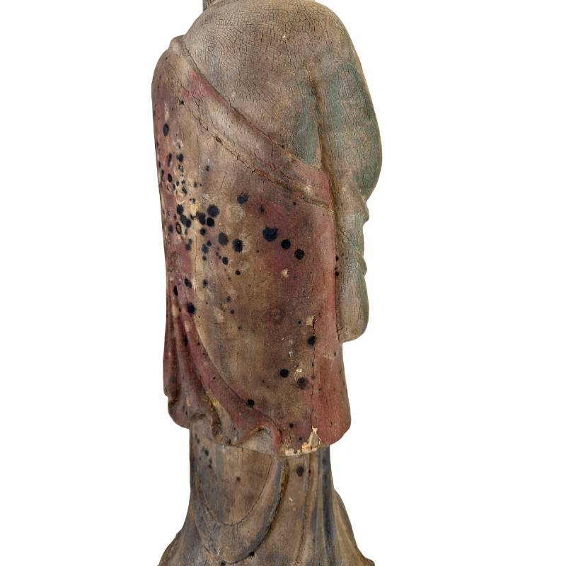 Chinesische Buddha-Holzskulptur mit antiker Polychromie