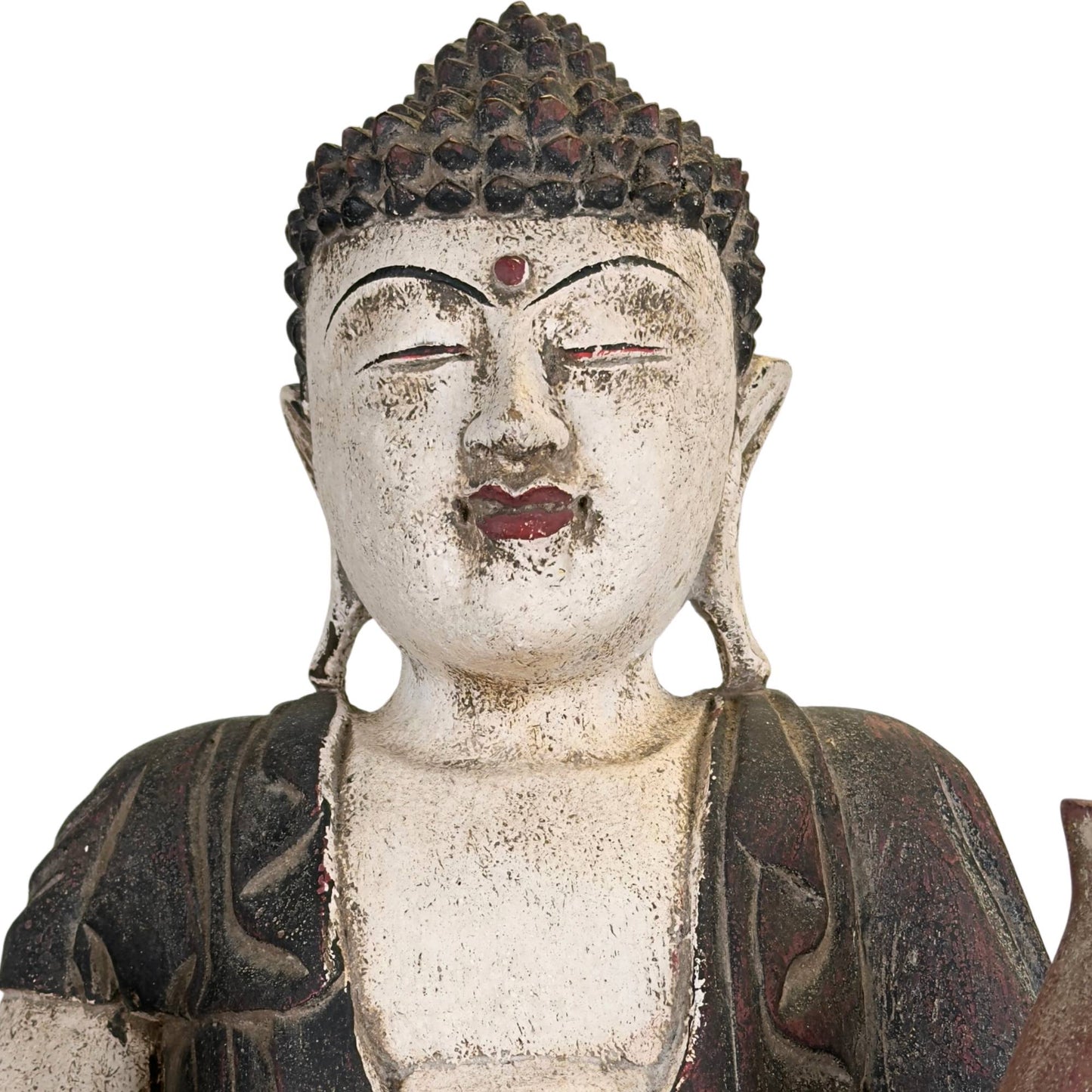 Chinesische Buddha-Skulptur aus Holz mit heilender Symbolik, Lotusthron und kraftvoller, beruhigender Aura.