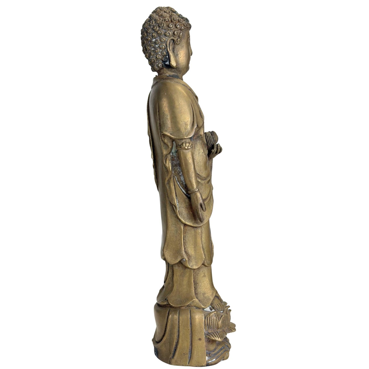 Chinesischer Buddha aus Bronze mit Lotusknospe und fließendem Gewand, antikes buddhistisches Kunstobjekt