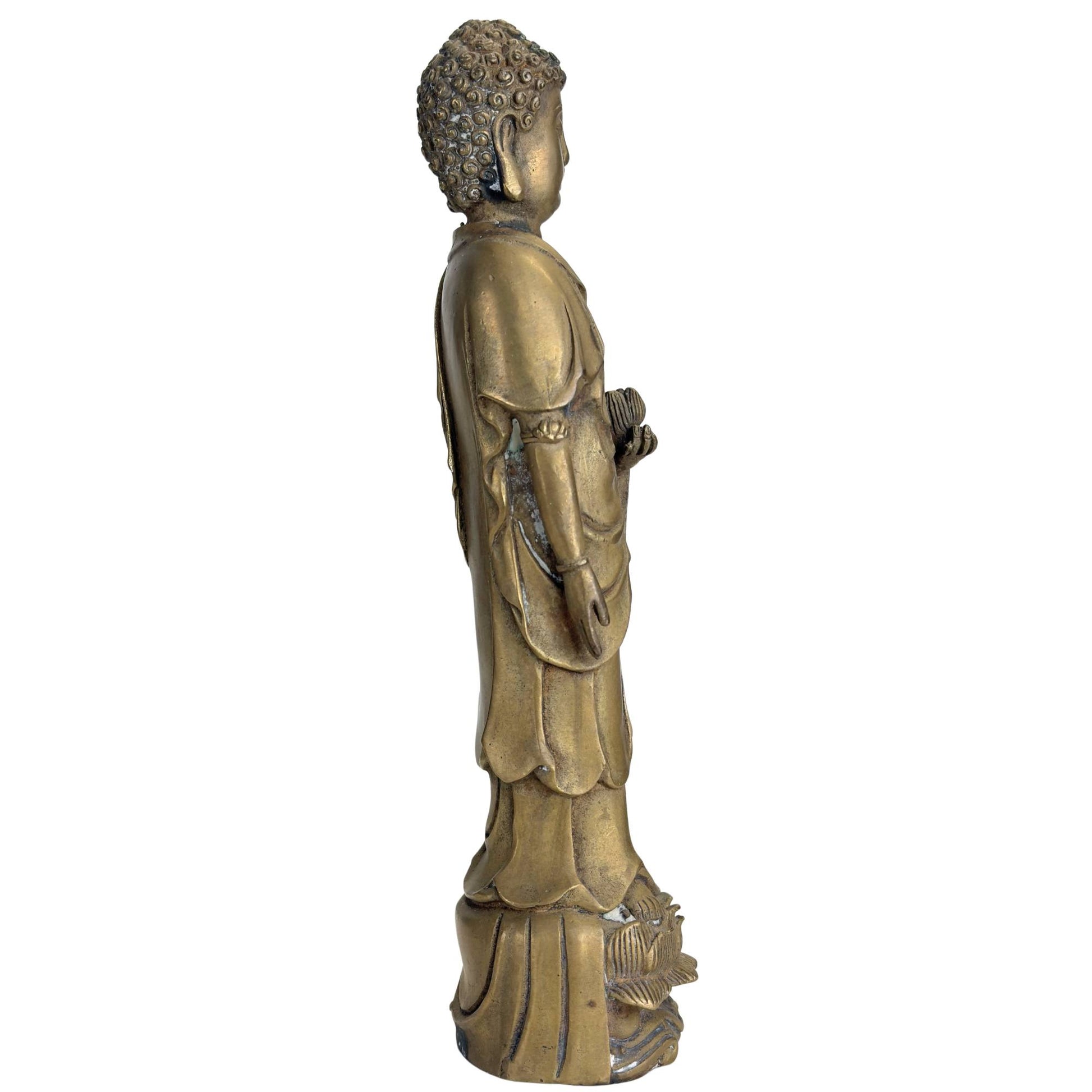 Chinesischer Buddha aus Bronze mit Lotusknospe und fließendem Gewand, antikes buddhistisches Kunstobjekt