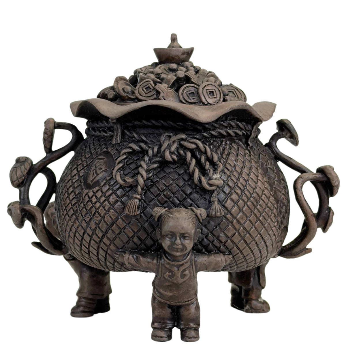 Chinesische bronzene Schatztruhe mit drei Kindern und traditionellen Glückssymbolen