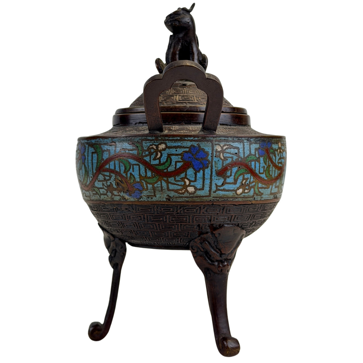 Rückansicht eines antiken chinesischen Bronze-Räuchergefäßes mit Cloisonné