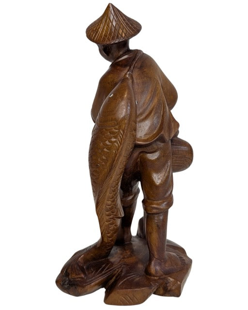 Chinesische hölzerne Glücksbringerstatue eines Fischers mit einem Karpfen