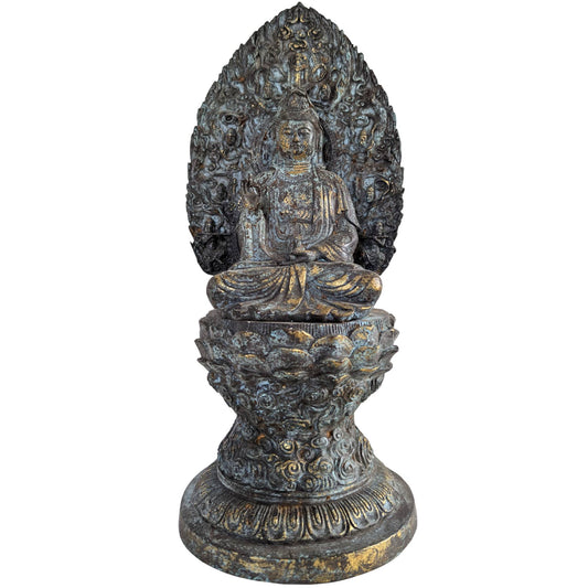 Vorderansicht einer 36,5 cm hohen Guanyin-Bronzestatue auf einem reich verzierten Lotussockel.