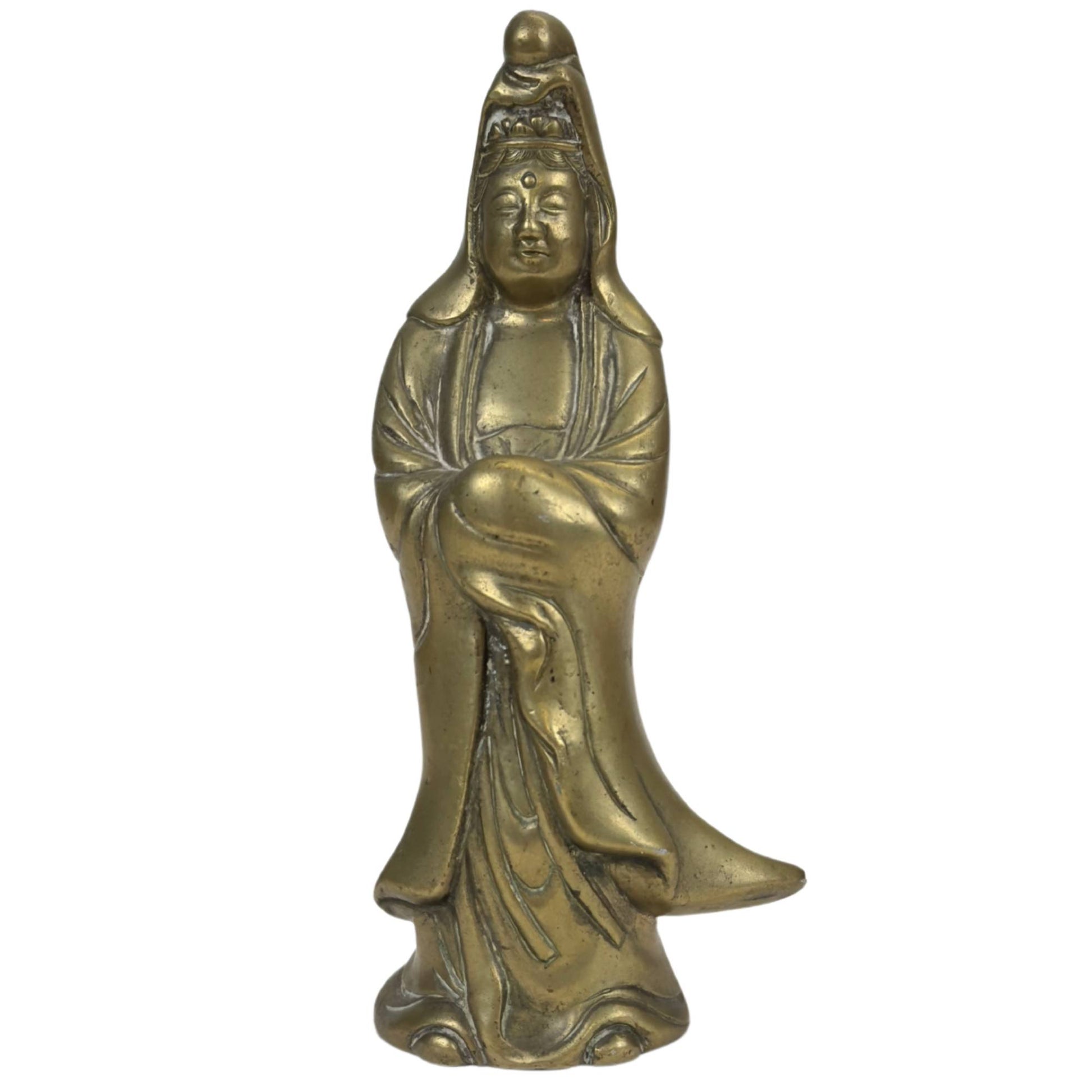 Chinesische Bronzestatue der Guanyin mit Symbolik von Mitgefühl und Schutz