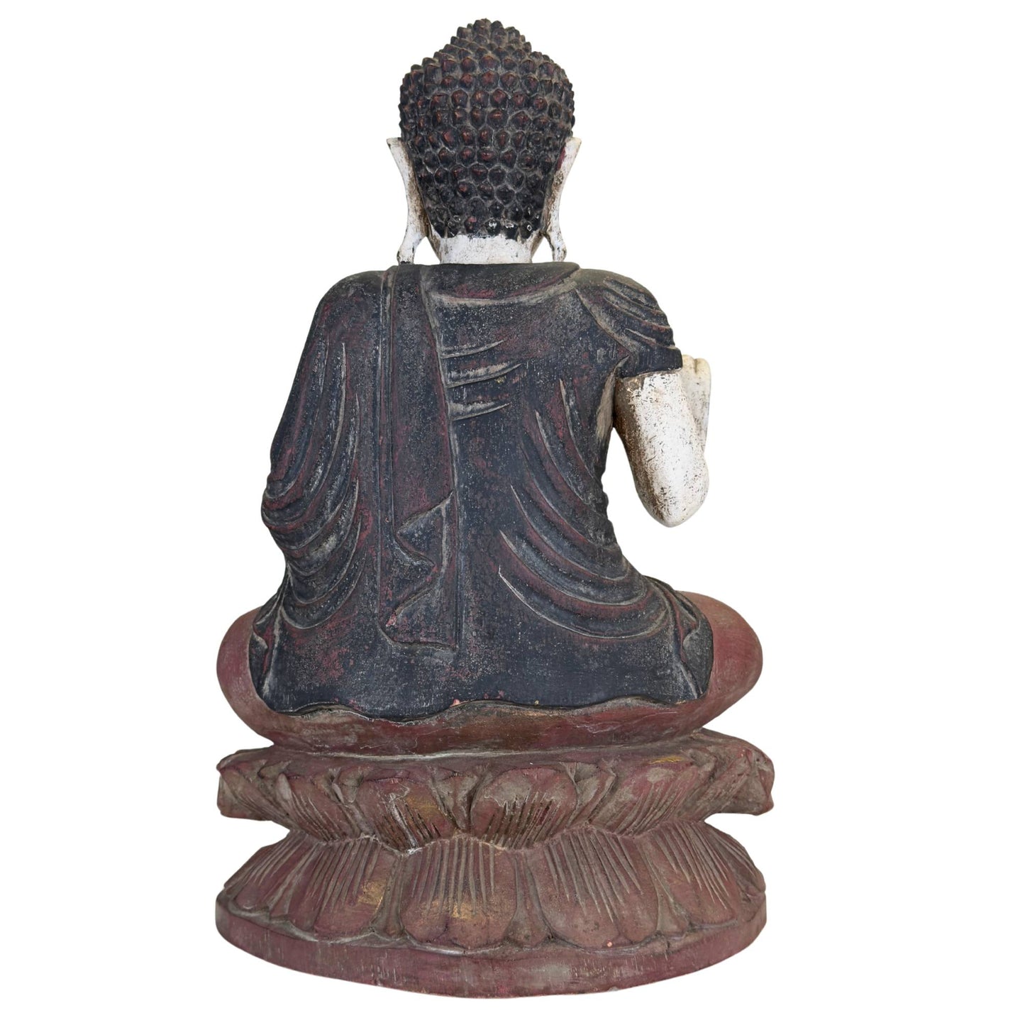 Chinesische Buddha-Statue aus Holz mit rotem und schwarzem Gewand, handgeschnitzten Falten und verwitterter Bemalung