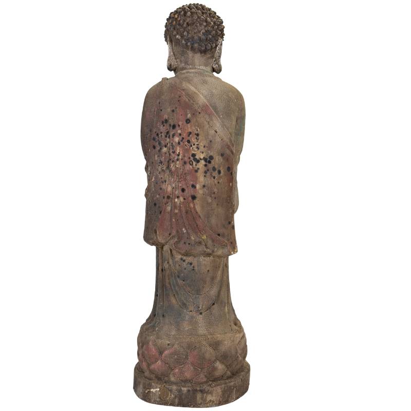 Detail einer chinesischen Buddha-Skulptur aus Holz mit Anjali-Mudra