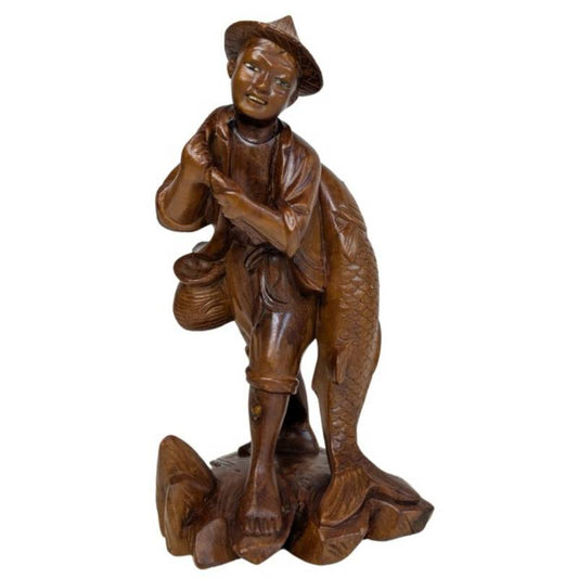Chinesische hölzerne Glücksbringerstatue eines Fischers mit einem Karpfen