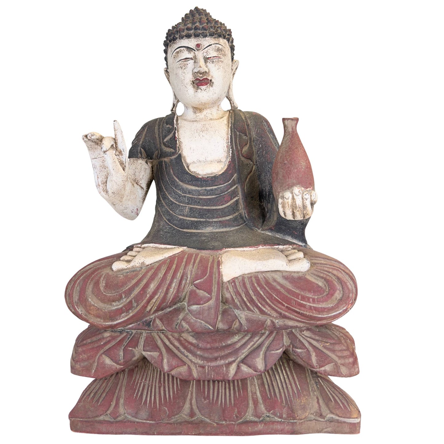 Handbemalte chinesische Medizin-Buddha-Statue aus Holz auf einem roten Lotusthron mit weißer Hautfarbe und dunklem Umhang