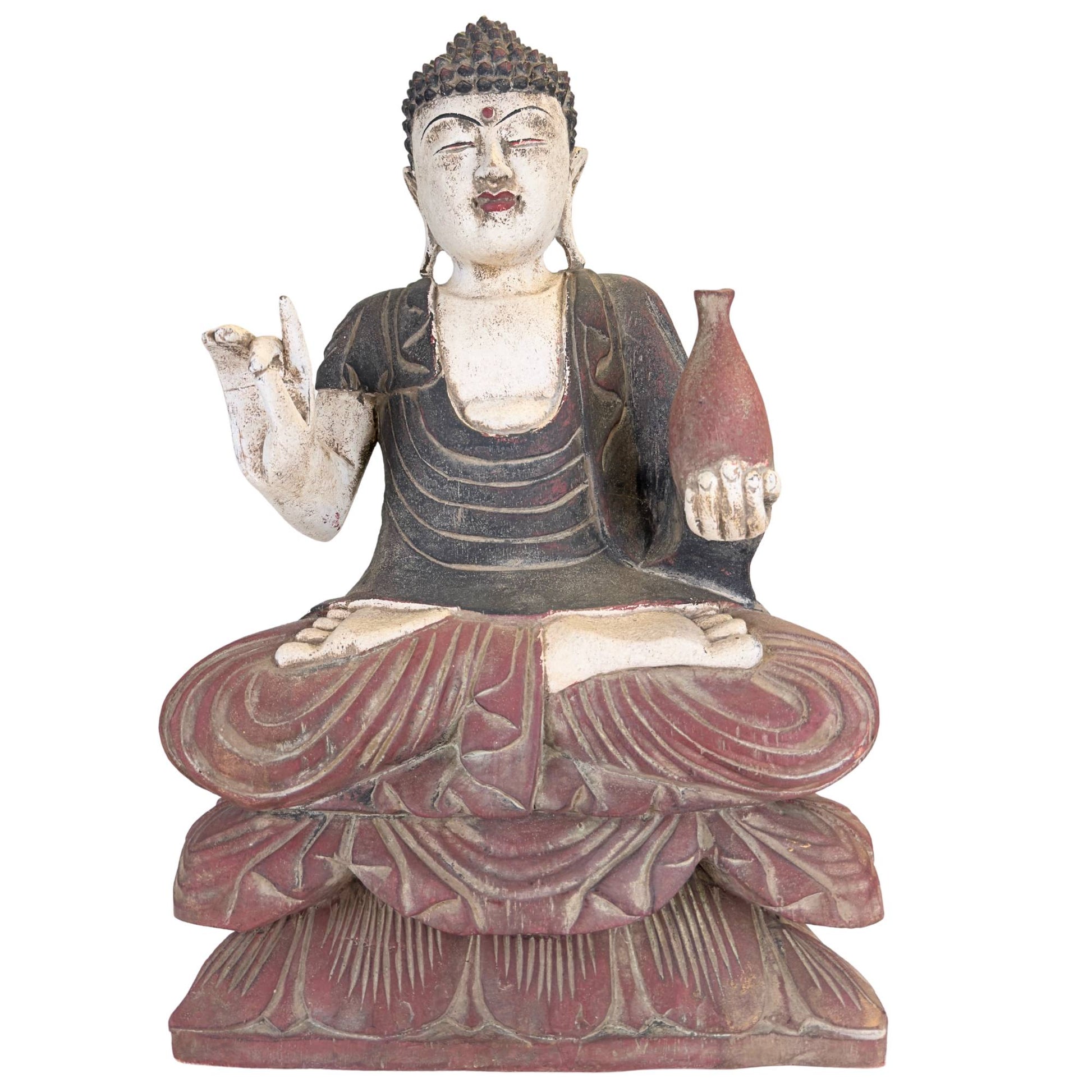 Handbemalte chinesische Medizin-Buddha-Statue aus Holz auf einem roten Lotusthron mit weißer Hautfarbe und dunklem Umhang