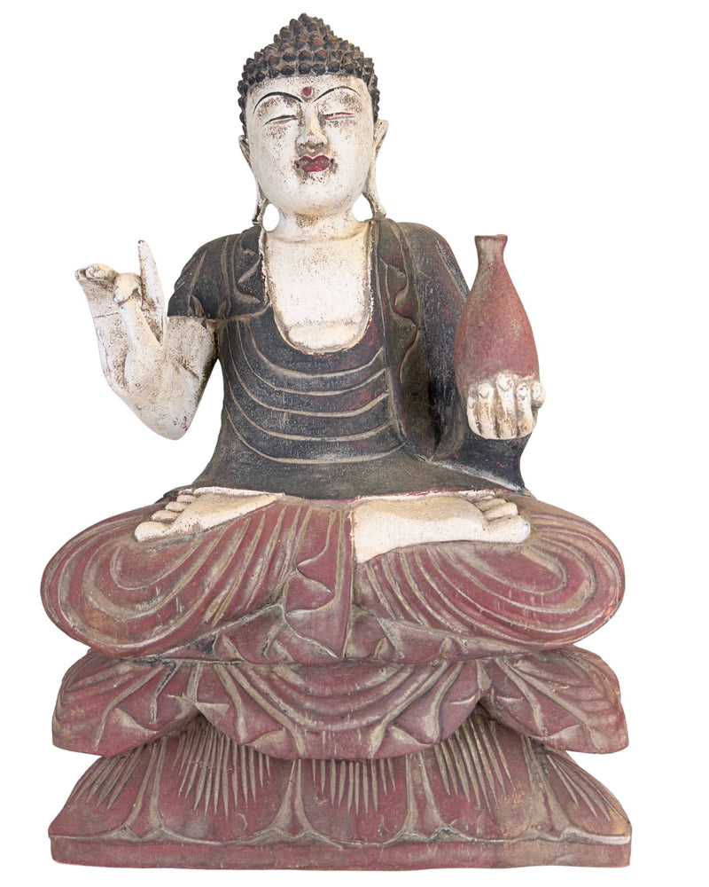 Chinesische Medizinbuddha-Statue auf Lotusthron – Holz – H 43 cm