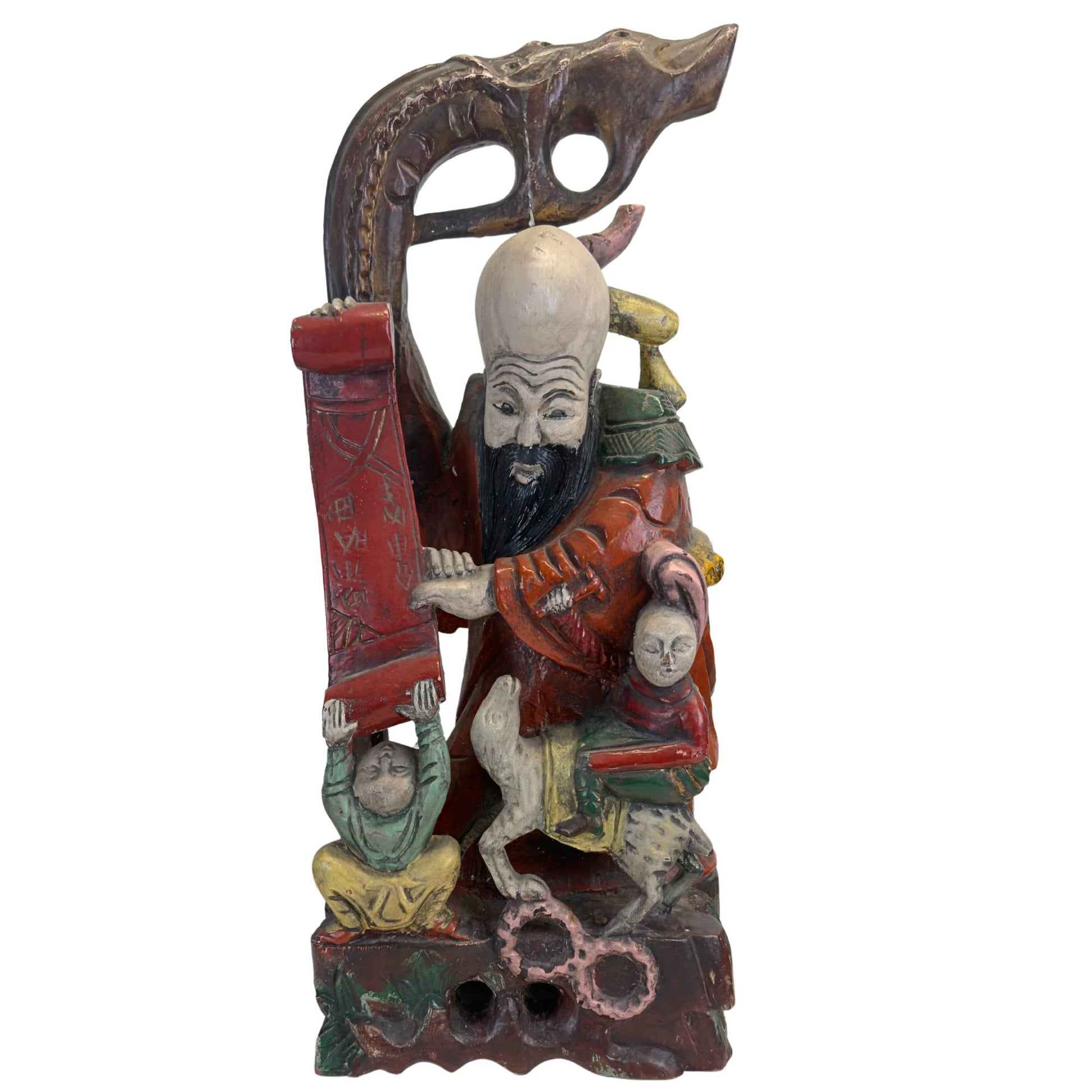 Monumentale, handgeschnitzte chinesische Teakholzskulptur von Shoulao, dem Gott der Langlebigkeit, mit traditioneller taoistischer Symbolik.