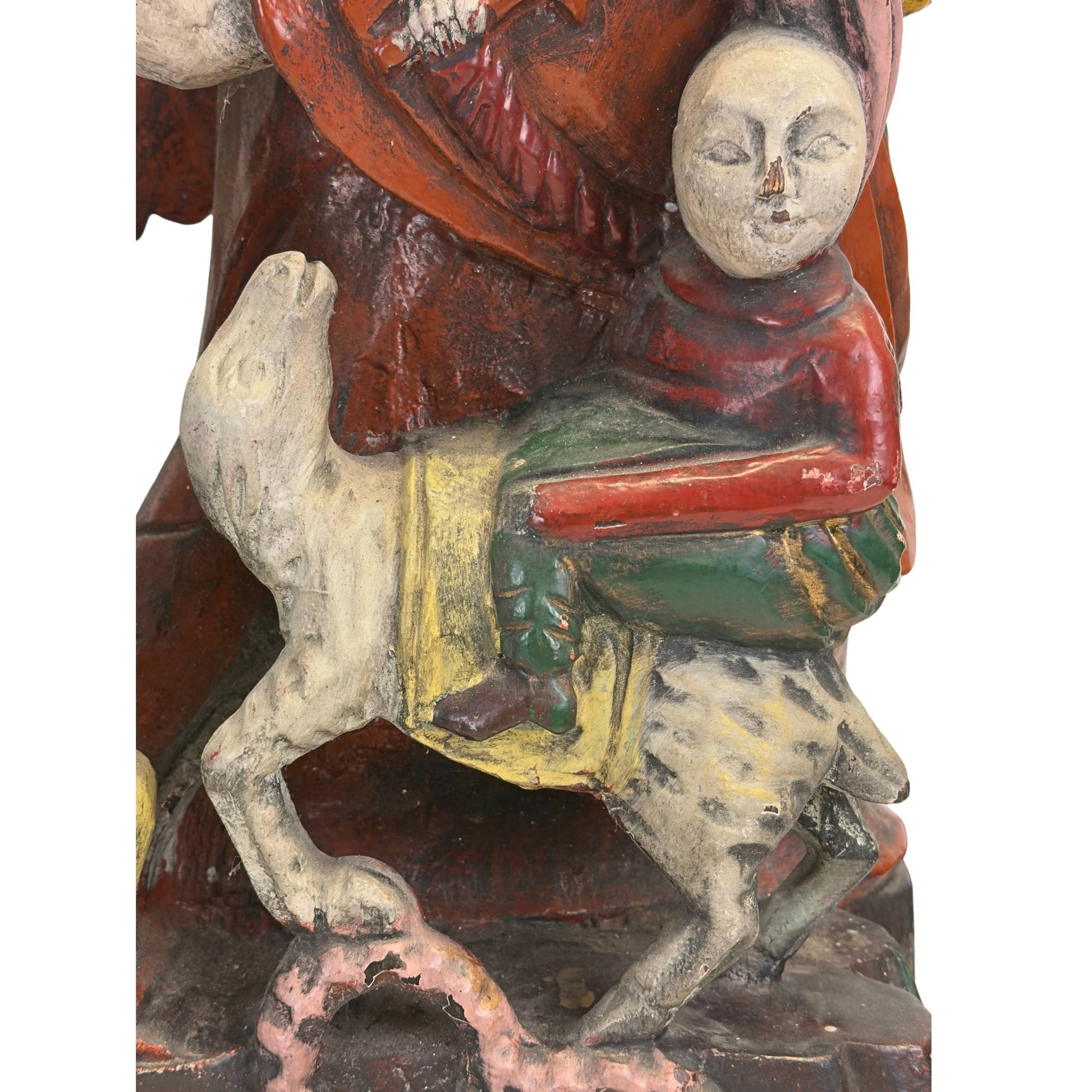 Nahaufnahme des mythischen Hirsches und des zweiten Kindes, beides Symbole für Wohlstand und Status in der taoistischen Tradition.