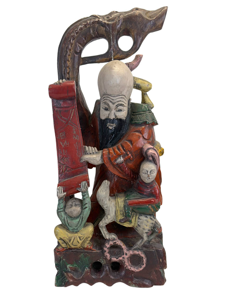 Monumentale handgeschnitzte chinesische Teakholz-Shoulao-Skulptur – Gott der Langlebigkeit (65,5 x 27,5 cm / 8,6 kg)