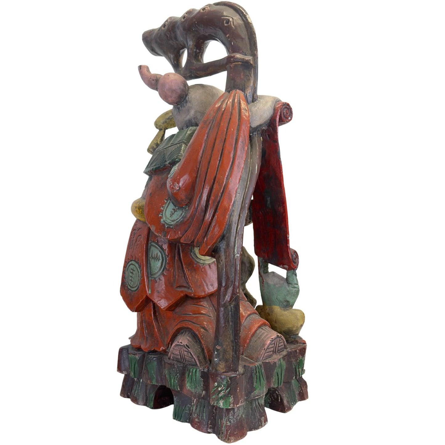 Rückansicht der Shoulao-Skulptur, in der die Tiefe und Komplexität der Holzschnitzerei auf der Rückseite deutlich sichtbar sind.