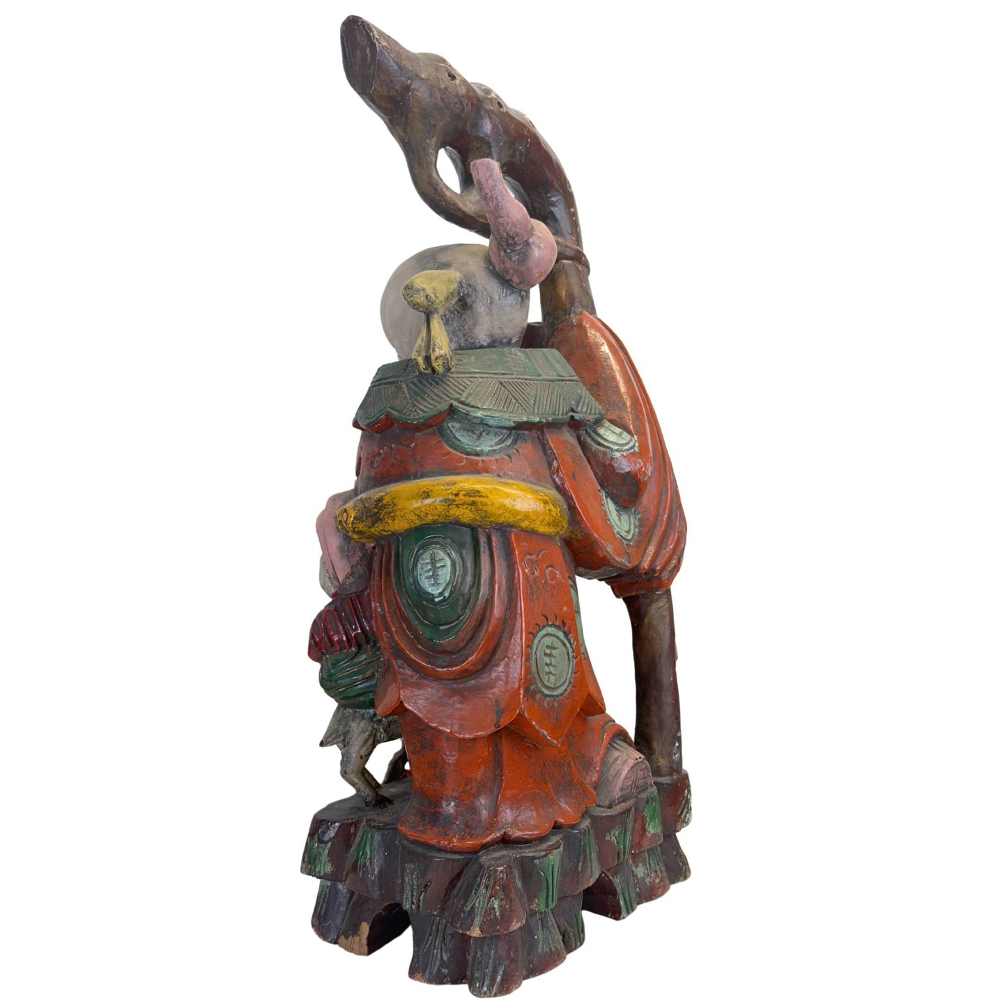 Nahaufnahme der Rückseite der Shoulao-Skulptur, die die sorgfältige Verarbeitung und die satte, dunkelbraune Patina zeigt.