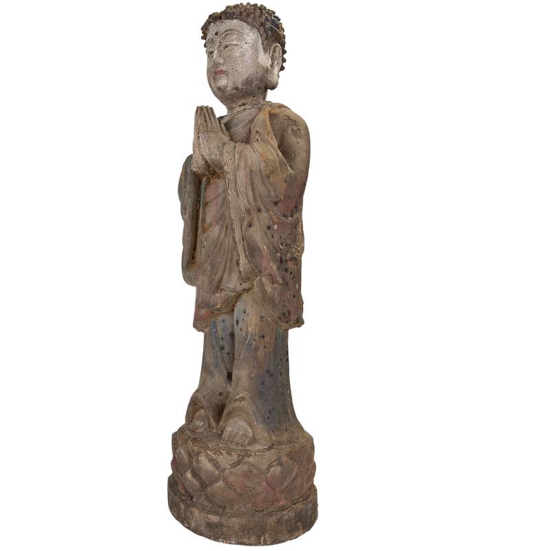 Chinesische Buddha-Statue aus einem Tempel, Holzstatue in Gebetshaltung