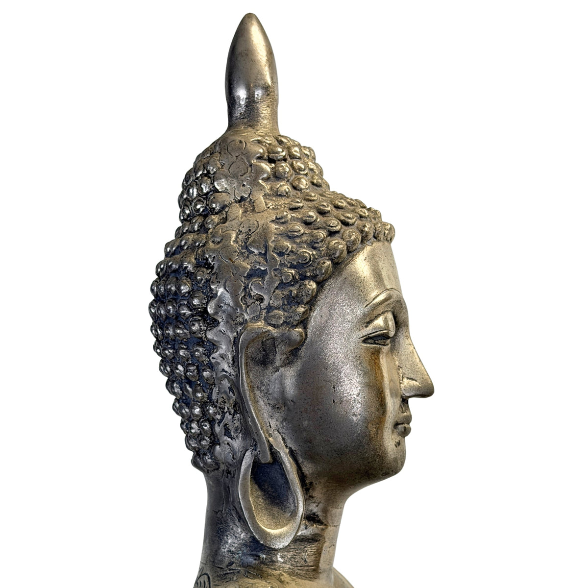 Kopf im rechten Profil mit schmaler Nase, langem Ohrläppchen und dem Relief der Haarlocken.