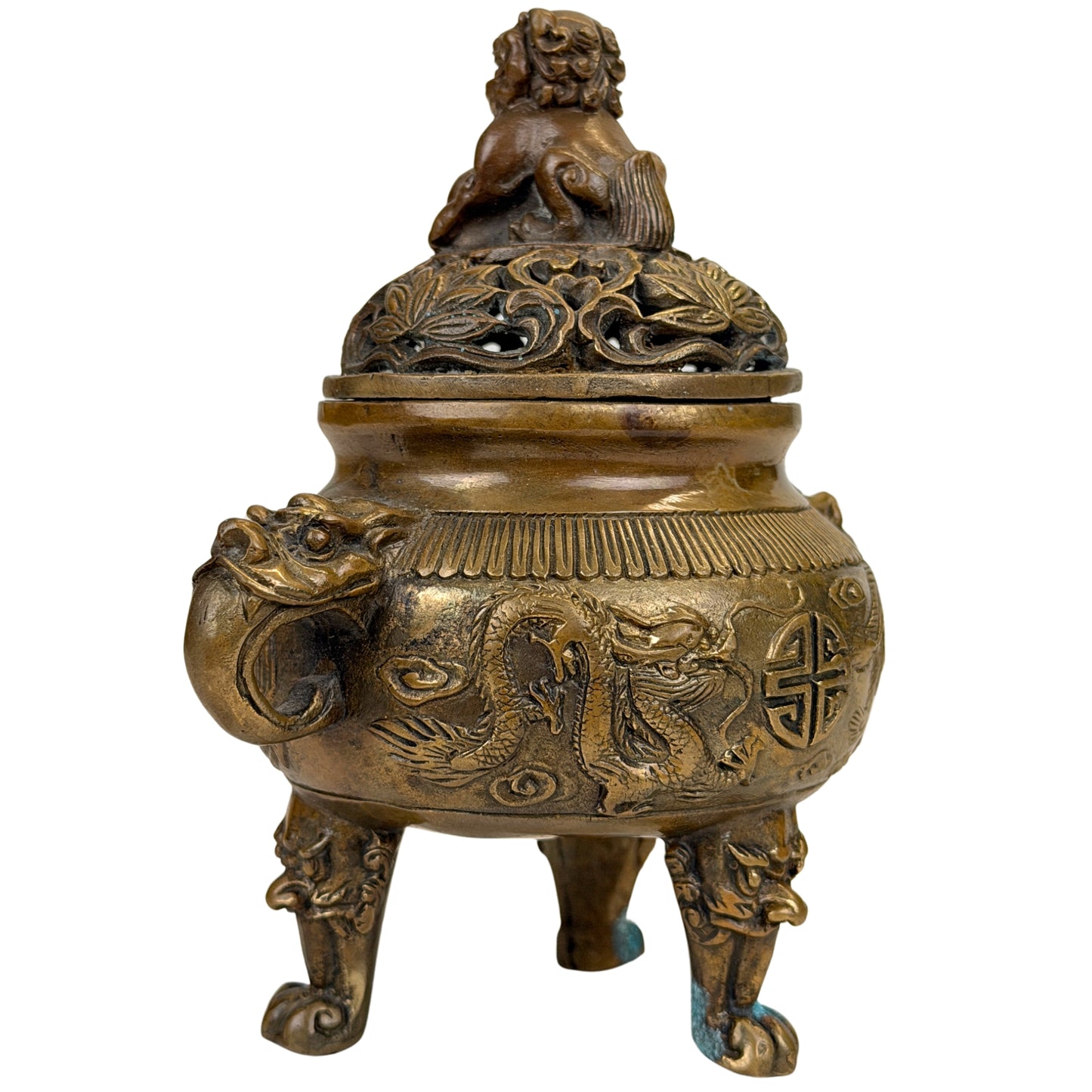 Chinesischer Drache im Relief auf goldbraun patiniertem Dreifußgefäß