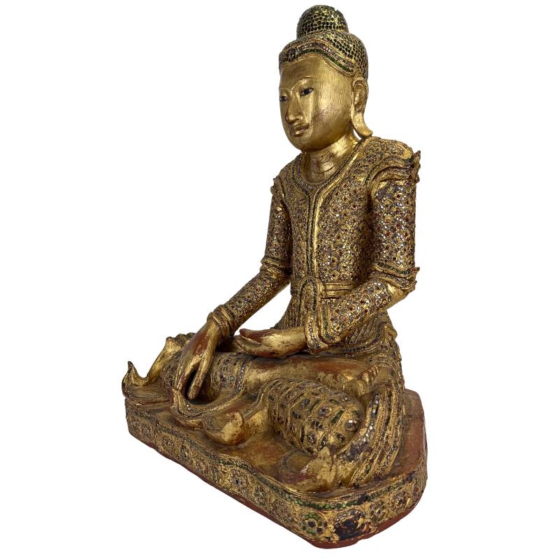 Dekorative Buddha-Figur aus Holz mit vergoldeten Glaseinlagen, ausdrucksstarkes Dekorationsobjekt