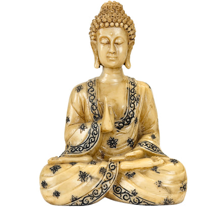Dekorativer sitzender Buddha aus Resin mit Abhaya-Mudra, Creme und Schwarz – Vorderansicht