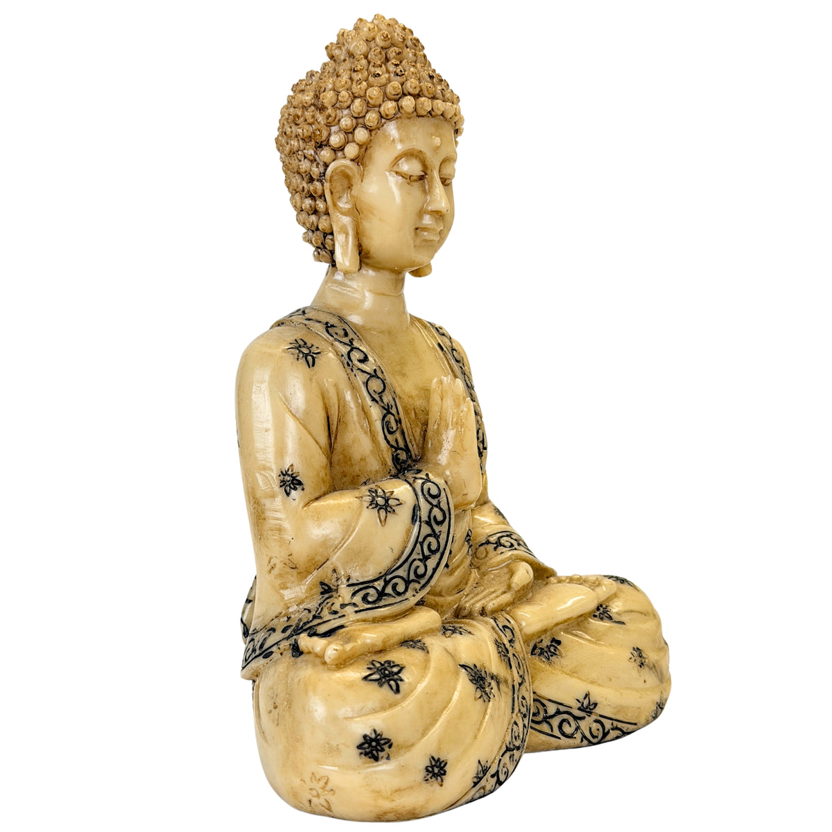 Resin-Buddha mit erhobener rechter Hand in Abhaya-Mudra – schräge Vorderansicht