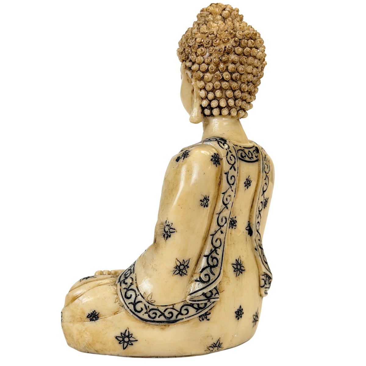 Detail der Abhaya-Mudra und schwarzen Ornamentik am Resin-Buddha